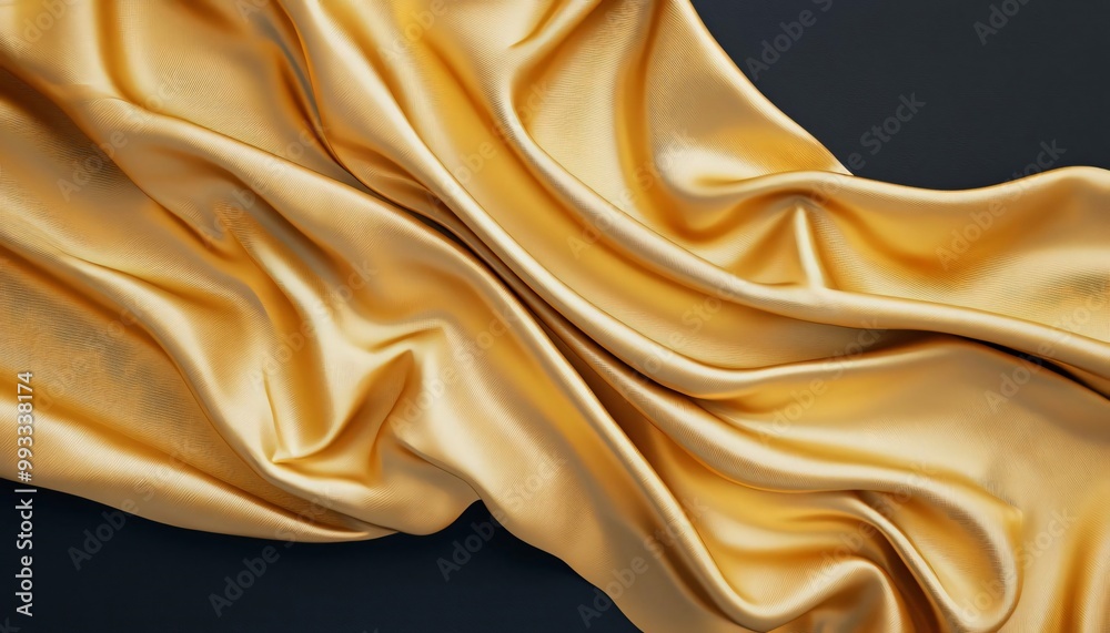 Fototapeta premium Luxurious golden silk fabric draped elegantly, showcasing smooth textures and rich color, perfect for fashion and decor projects.