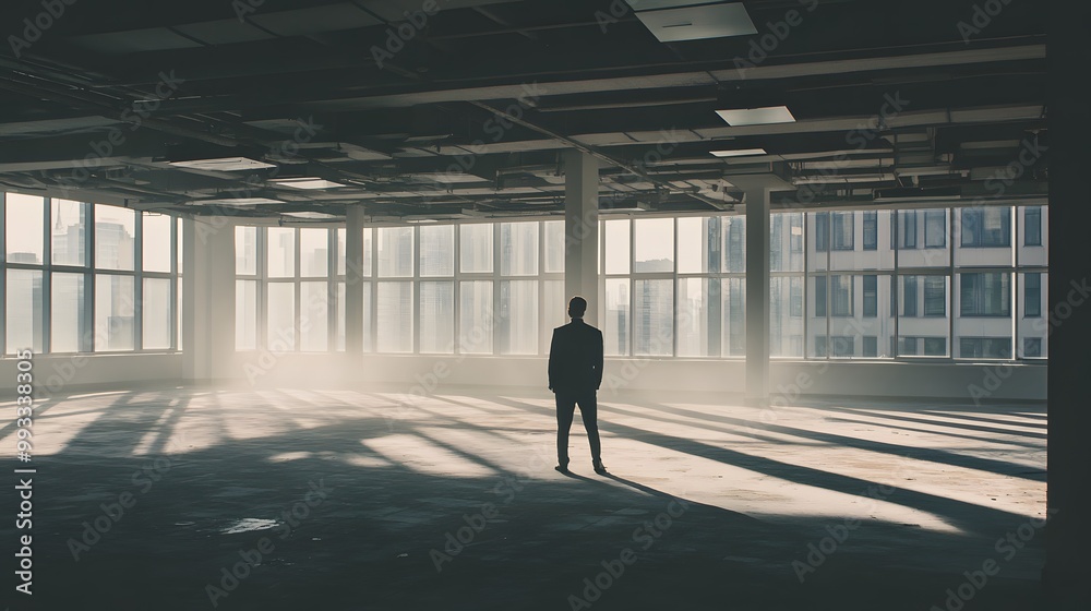 Businessman standing alone in an empty office, reflecting on closure, void of furniture, sunlight streaming through windows, capturing poignant moment of transition and loss