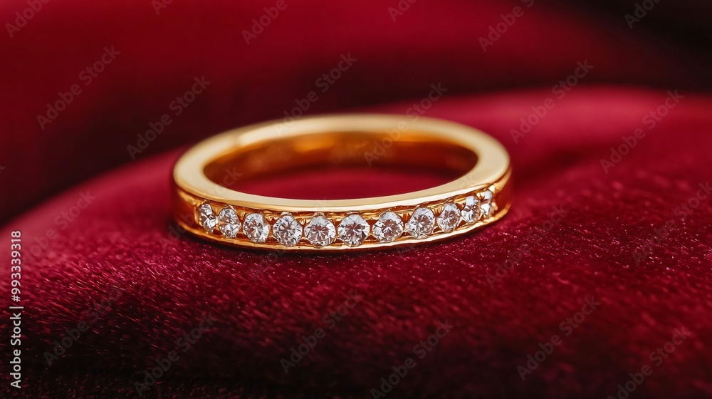 A beautiful golden ring adorned with sparkling gemstones, resting elegantly on a luxurious red fabric. A beautiful golden ring adorned with sparkling gemstones, resting elegantly on a luxurious red fabric.