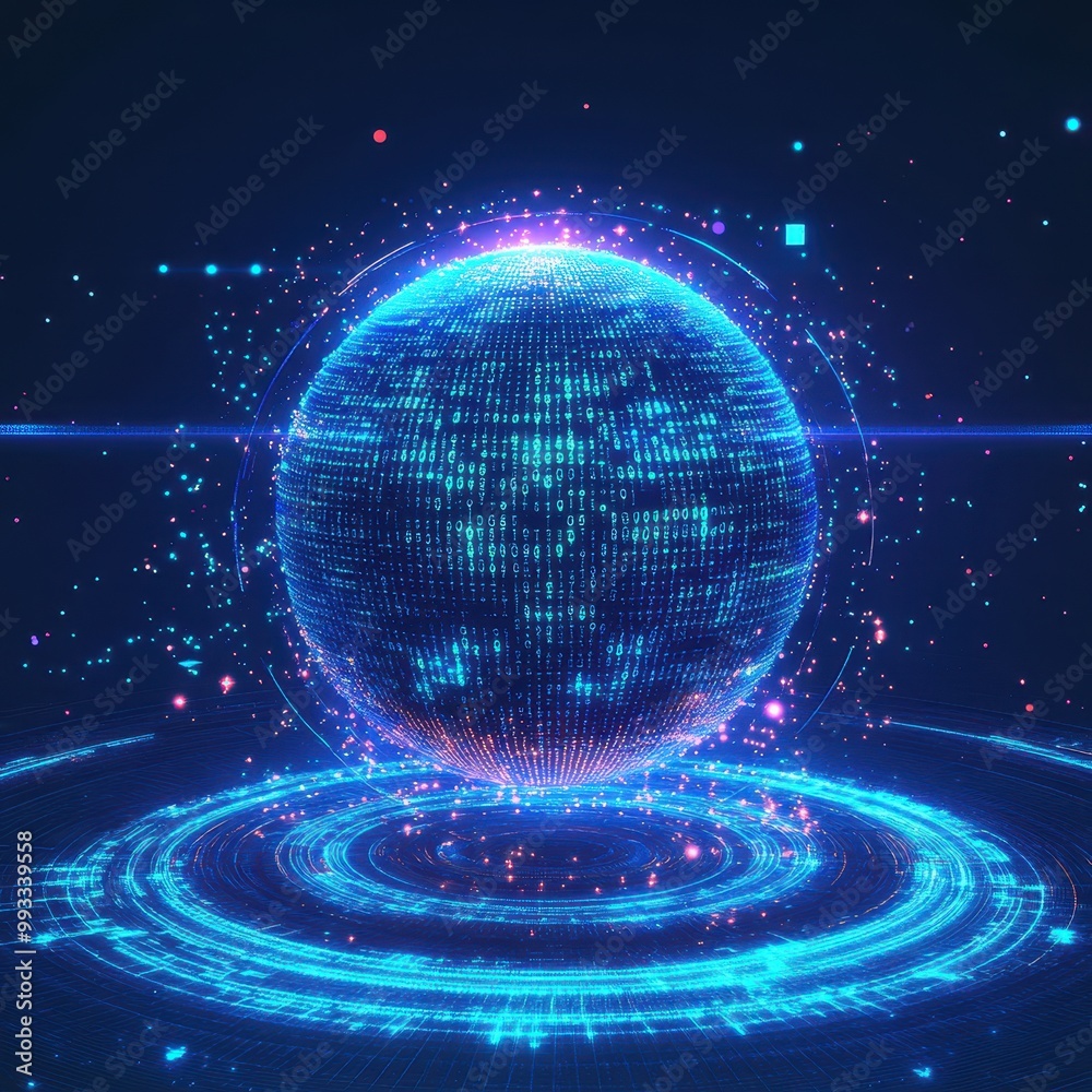 Obraz premium Abstract Blue Digital Sphere with Binary Code and Glowing Light Effects - Futuristic Technology Concept.