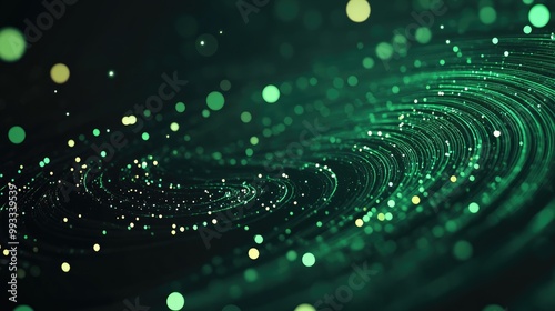 3D abstract background featuring green tech layers against a dark backdrop enhanced with glowing circular line details Contemporary graphic design elements included