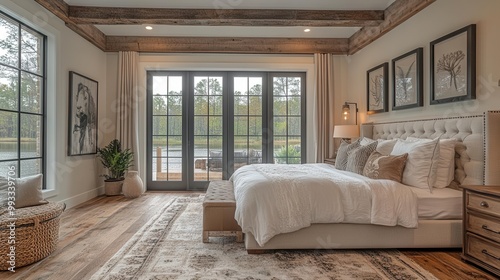 modern farmhouse interior design showcasing a cozy bedroom with hardwood floors a blend of rustic charm and contemporary style creating a warm and inviting atmosphere