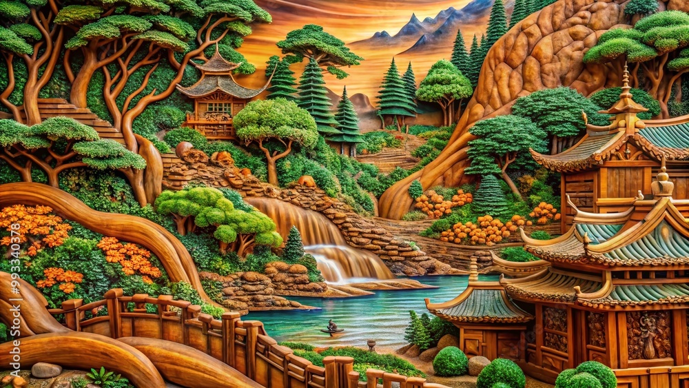 Fototapeta premium Intricate Wood Carving Art Displaying Nature's Beauty in Rich Textures and Detailed Craftsmanship
