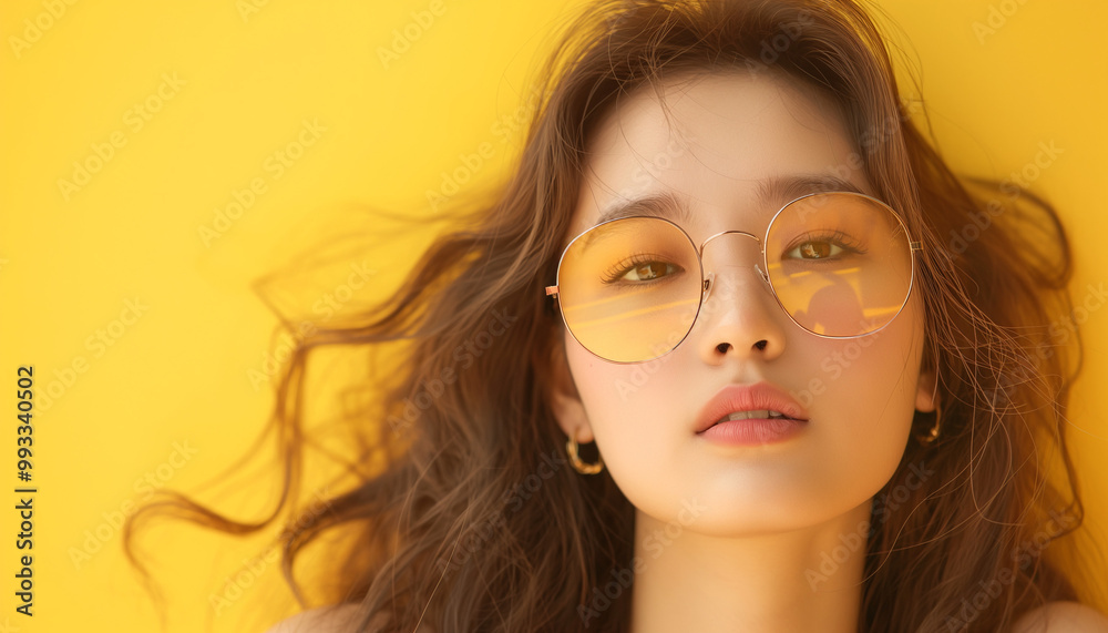 Woman with Brown Hair and Sunglasses on Yellow Background Woman with Brown Hair and Sunglasses on Yellow Background
