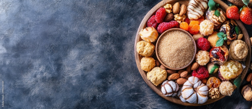 Wooden plate with nuts and sweets arranged for holiday celebration Wooden plate with nuts and sweets arranged for holiday celebration