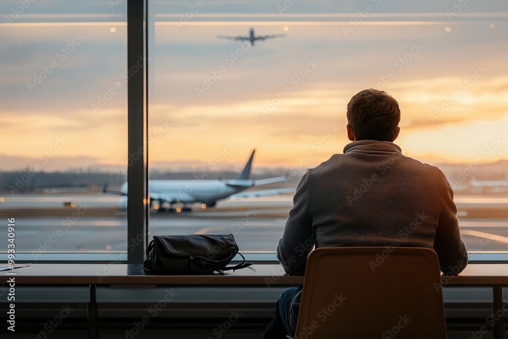 Fototapeta premium A traveler waiting at an airport terminal cafe, looking out at planes on the runway, symbolizing reflection and anticipation during travel Airport cafe, Runway view