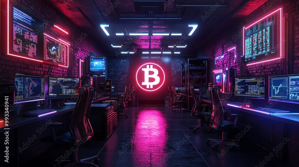 Futuristic cryptocurrency trading room with neon lights and Bitcoin logo. Futuristic cryptocurrency trading room with neon lights and Bitcoin logo.