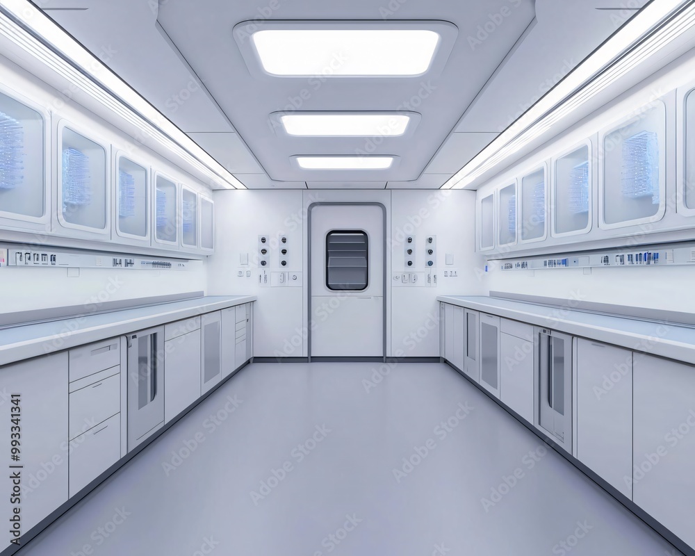 Obraz premium A modern, sterile laboratory interior with sleek white surfaces and efficient lighting, ideal for scientific research.