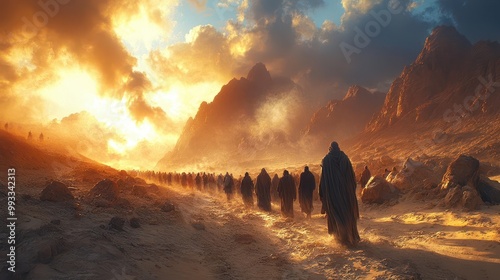 moses leading the israelites through the vast desert dramatic skies overhead capturing the epic moment of exodus and the quest for freedom infused with a sense of hope and resilience photo