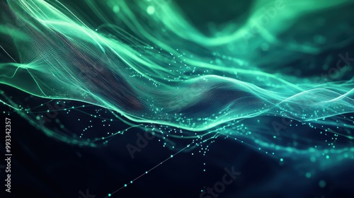 Abstract Green Blue Digital Wave Network Connection Background.