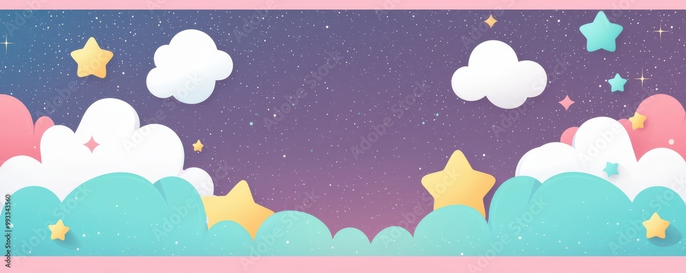 Whimsical graphic of a dreamy night sky with fluffy clouds and colorful stars, perfect for children's designs or fairytale themes Whimsical graphic of a dreamy night sky with fluffy clouds and colorful stars, perfect for children's designs or fairytale themes