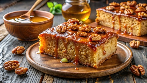 Savor the deliciousness of Karidopita, a traditional Greek walnut cake, infused with fragrant syrup and adorned with nuts, making it an irresistible treat. photo