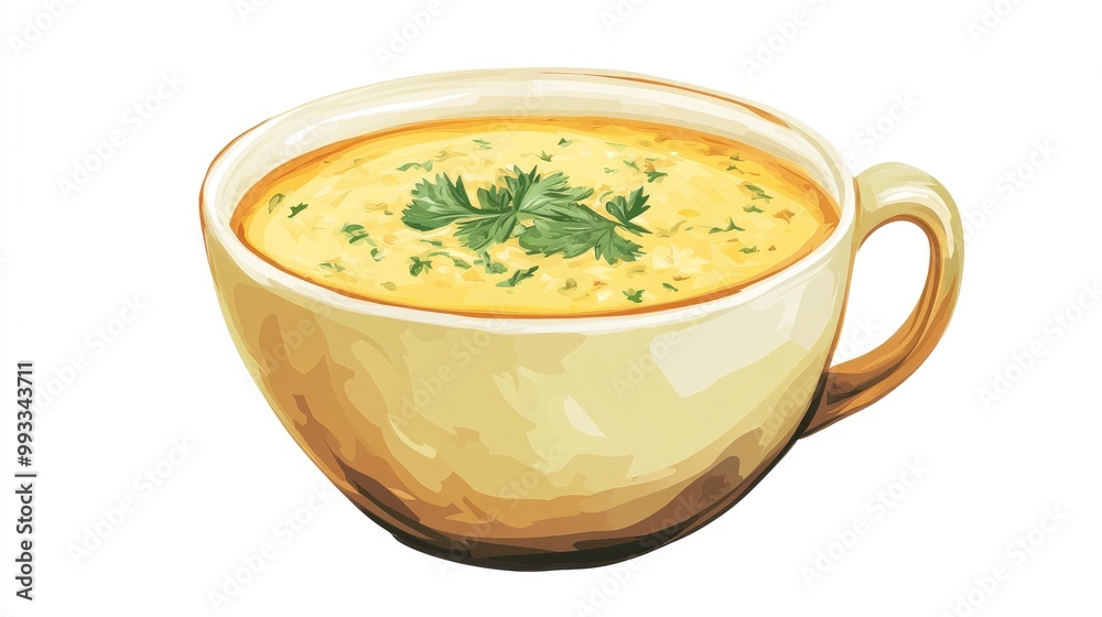Yellow cheese soup served in a large cup garnished with fresh herbs for added flavor Yellow cheese soup served in a large cup garnished with fresh herbs for added flavor