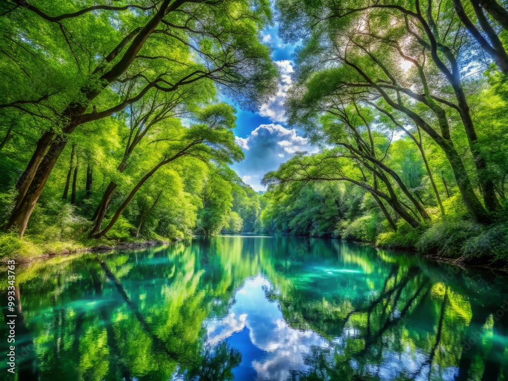 Forest's emerald canopy converges with meandering river's mirrored tranquility, meeting the radiant blue vault of the sky.