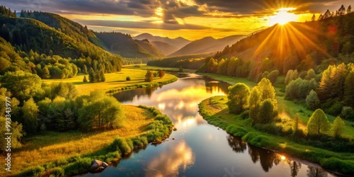 Golden sunlight casts a warm glow on the serene river valley, illuminating lush greenery and sparkling waters. photo