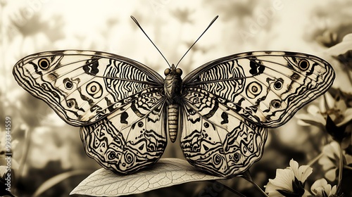 A close-up of a butterfly with beautifully symmetrical tribal patterns, resting on a delicate leaf in a tranquil garden. The background features soft bokeh lighting and blurred flowers, photo