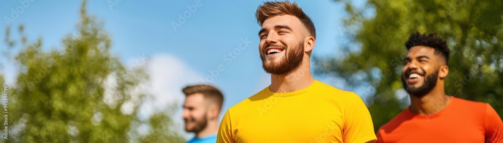 Fototapeta premium A group of friends playing frisbee in the park, laughing under the warm Sunday sun, Sunday park games, active fun