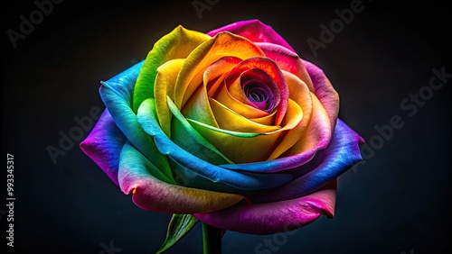 Stunning Realistic Rainbow Rose with Vibrant Colors on Black Background for Floral and Nature Themes