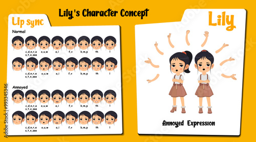 A cute annoyed girl cartoon character AKA Lily, Little cute girl cartoon character. Annoyedd face expressions and lip sync. Set of cute girl with various hand gesture and front and 1/3 standing pose.