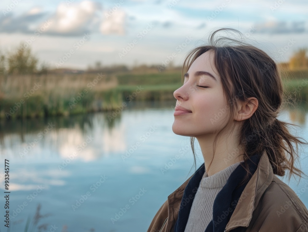 Woman enjoying a calm moment outdoors, standing by a peaceful lake with her eyes closed, taking in the serenity, with space for copy in the sky Woman enjoying a calm moment outdoors, standing by a peaceful lake with her eyes closed, taking in the serenity, with space for copy in the sky