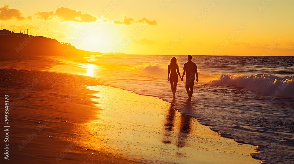 A romantic couple walks hand in hand along the beach at sunset, creating a serene and loving atmosphere by the ocean. A romantic couple walks hand in hand along the beach at sunset, creating a serene and loving atmosphere by the ocean.
