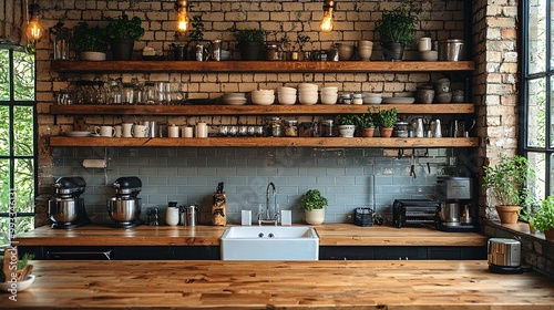 A spacious kitchen with a bright bar counter, a double basin sink, and neatly arranged kitchenware on open shelving