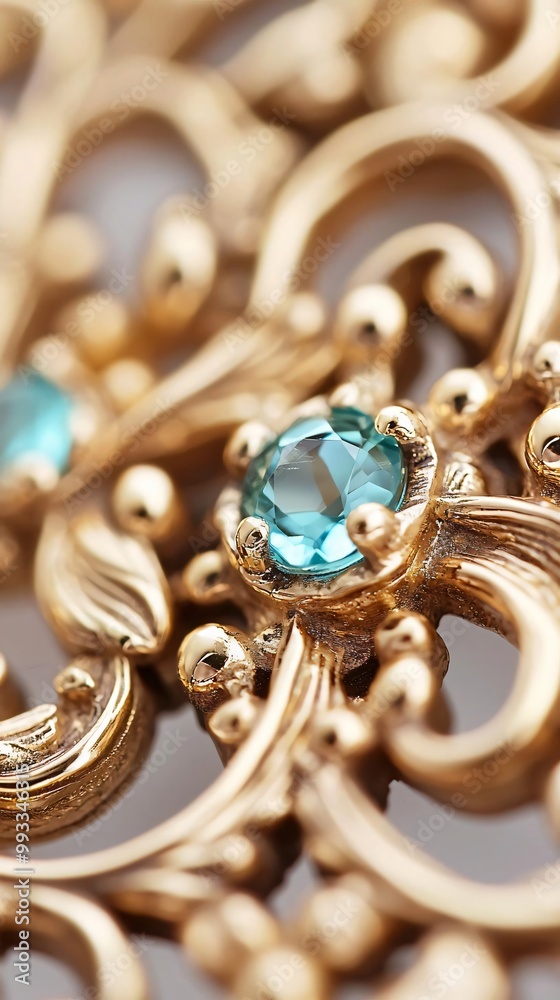 Close-up of elegant gold jewelry featuring intricate design and sparkling teal gemstones, perfect for luxury fashion and accessory themes. Close-up of elegant gold jewelry featuring intricate design and sparkling teal gemstones, perfect for luxury fashion and accessory themes.