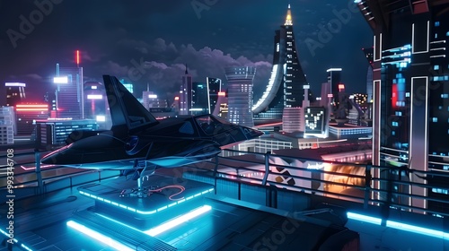 Futuristic City at Night with a Sleek Spaceship Landing on a Rooftop Platform, Illuminated by Bright Lights and Advanced Technology photo