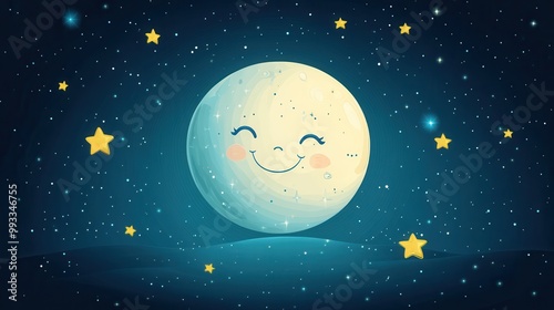 Cute Smiling Moon with Stars in Night Sky - Cartoon Illustration.
