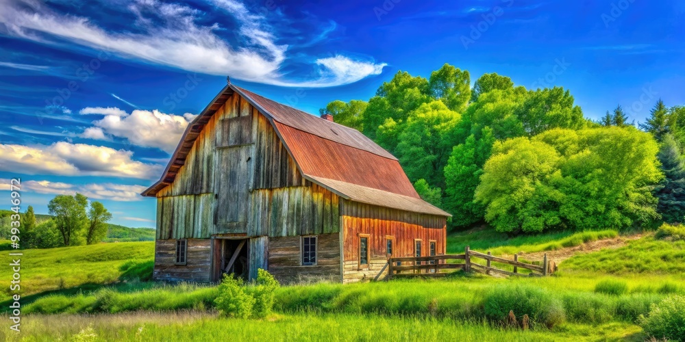 Tucked away in a charming landscape, an aged barn stands proudly amidst vibrant green fields, all under the expansive embrace of a clear blue sky. Tucked away in a charming landscape, an aged barn stands proudly amidst vibrant green fields, all under the expansive embrace of a clear blue sky.