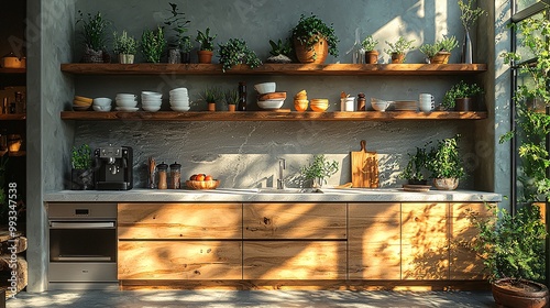 A sunlit kitchen with a marble bar counter, an undermount sink, and kitchenware displayed on floating wooden shelves