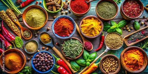 Fototapeta Naklejka Na Ścianę i Meble -  Vibrant Indian spices arranged in bowls, complemented by fresh herbs, traditional cooking utensils, and rich textiles, create an inviting and colorful culinary tableau.