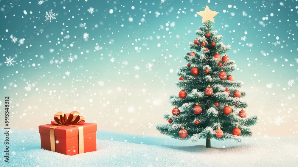 Obraz premium Winter holiday background featuring a Christmas tree and gift box