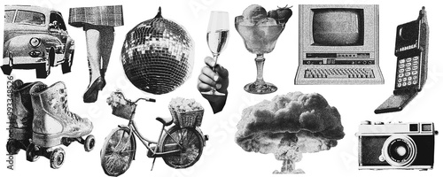 hotocopy  Magazine, newspaper clipping, Vintage elements.   illustration of grunge dadaism texture icons for psychedelic.Fun, drinks, ice cream, nuclear mushroom, explosion, bicycle, gadgets, roller 