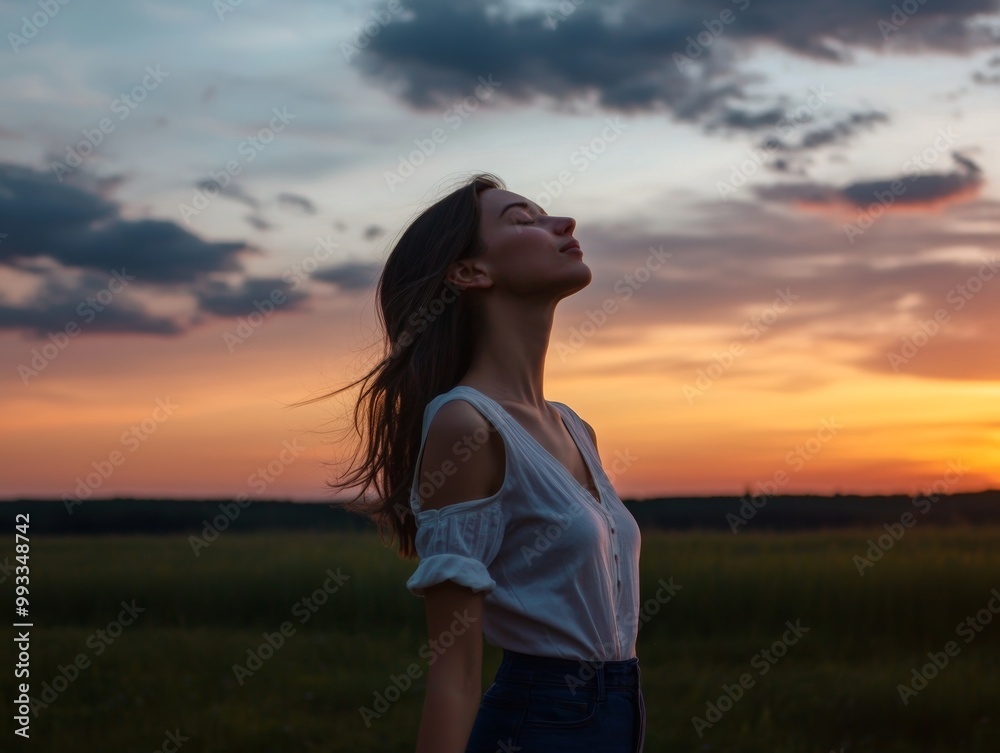 Woman standing in the countryside at sunset, eyes closed, arms open, breathing in the cool evening air, with ample sky and horizon for copy space Woman standing in the countryside at sunset, eyes closed, arms open, breathing in the cool evening air, with ample sky and horizon for copy space