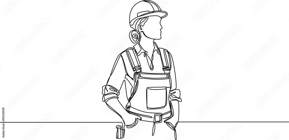 continuous single line drawing of female construction worker, line art vector illustration
