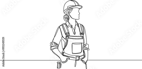 continuous single line drawing of female construction worker, line art vector illustration