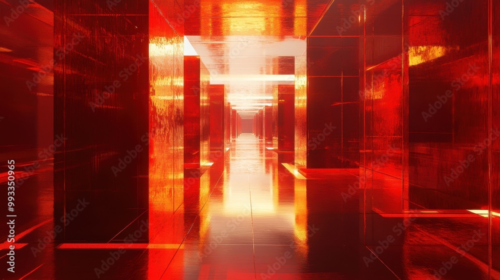 Naklejka premium Abstract Red and Orange Corridor with Geometric Shapes and Reflections.