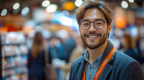 Smiling young professional at business conference with blurred crowd in background