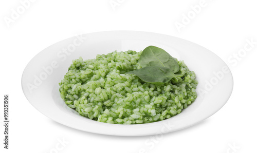 Delicious spinach risotto in plate isolated on white