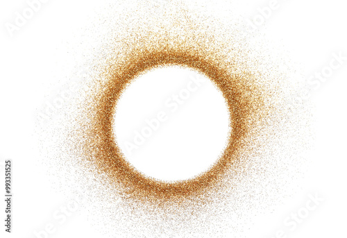 Circle of shiny golden glitter isolated on white, top view