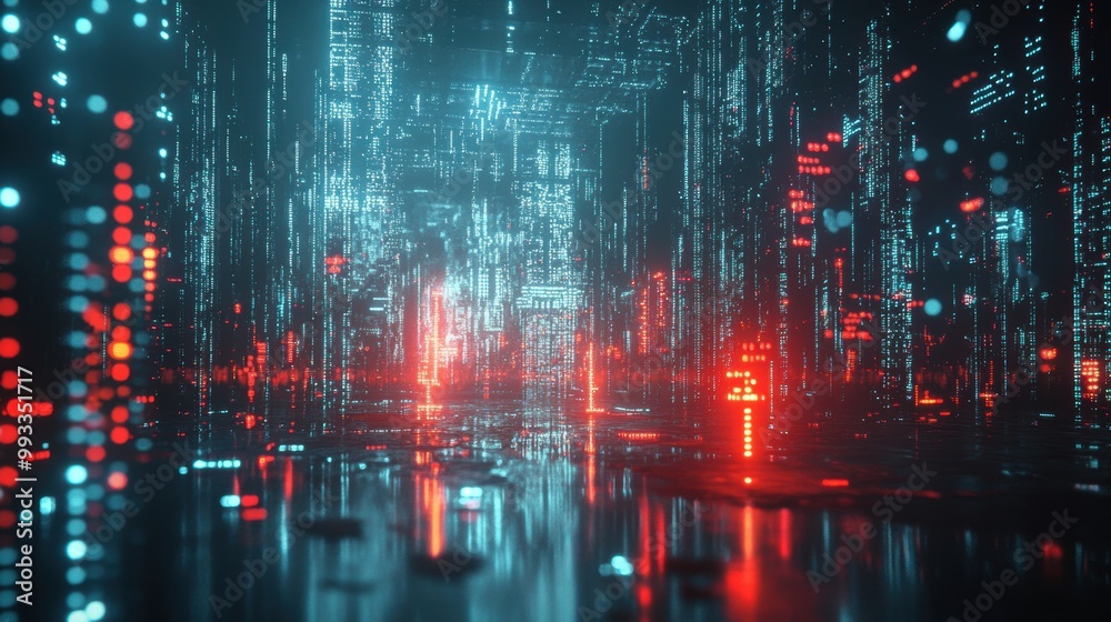 Naklejka premium Abstract Digital Cityscape with Red and Blue Lights Reflecting on Water.