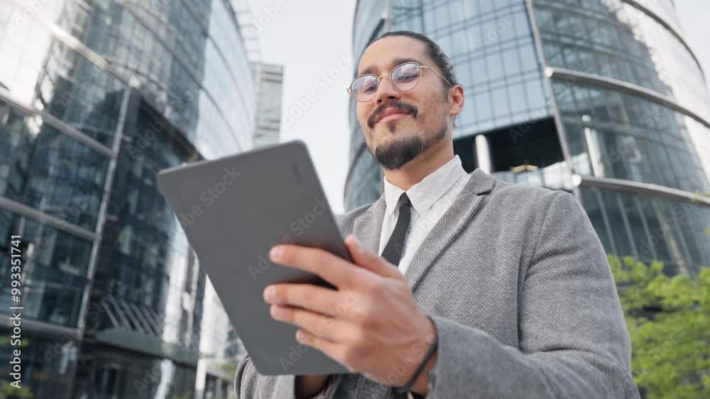 View from below of Caucasian male using tablet device. Considering something while making decision. Skyscrapers in blurred background. Online purchase or information search. Successful business. View from below of Caucasian male using tablet device. Considering something while making decision. Skyscrapers in blurred background. Online purchase or information search. Successful business.