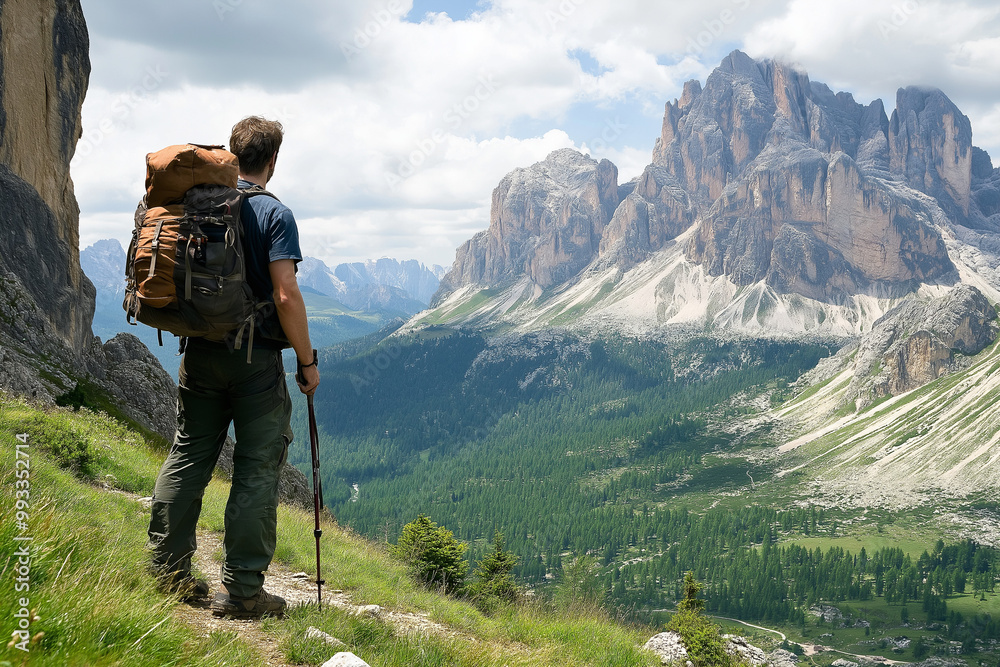 A hiker with a backpack stands on a grassy mountain path, looking at tall rocky mountains and a valley A hiker with a backpack stands on a grassy mountain path, looking at tall rocky mountains and a valley