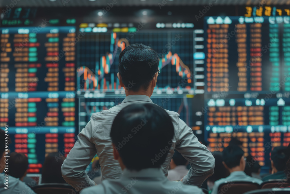 Stock market analyst presenting investor report Use the large screen to analyze data.