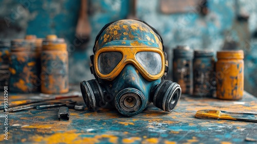 Gas Mask on a Workbench with Paint Cans