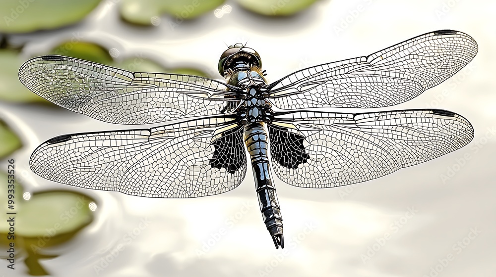A dragonfly with intricate, lace-like wing patterns, hovering gracefully over a calm pond. The sunlight reflects off the water, highlighting the delicate details of the wings and casting soft shadows. A dragonfly with intricate, lace-like wing patterns, hovering gracefully over a calm pond. The sunlight reflects off the water, highlighting the delicate details of the wings and casting soft shadows.