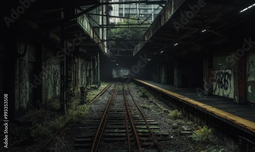 Overgrown abandoned train tracks.