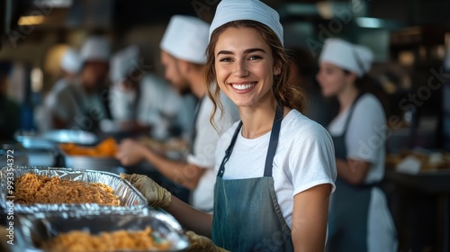 Smiling woman working in a kitchen, serving food alongside a team in a busy culinary environment.
