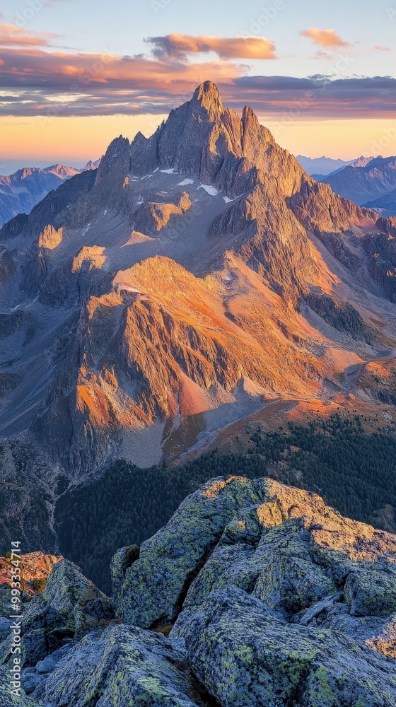 Fototapeta premium Panoramic view of mountain range during autumn sunrise